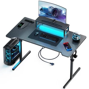 Small Gaming Desk with LED Lights & Power Outlets, 55 Inch Computer Desk with... - Picture 1 of 7