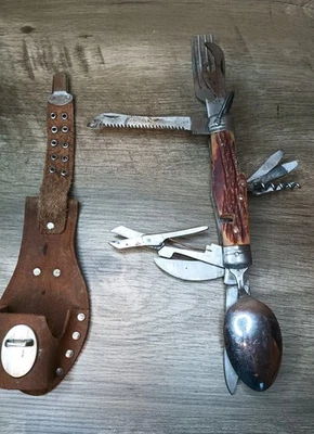 Vtg Soling Japan Multi 11 Tools Camping Knife  hobo spoon fork Sheath Mitsubishi - Image 1 of 4