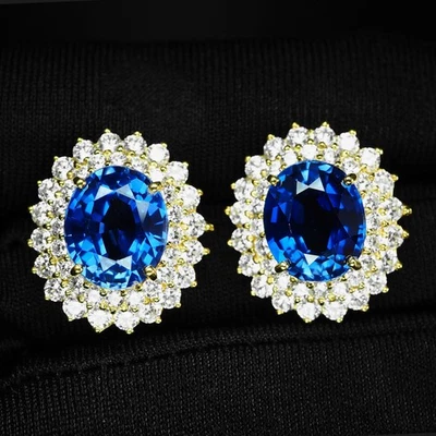Orecchini in argento sterling 925 placcato oro 24 carati con zaffiro blu... - Immagine 1 di 4
