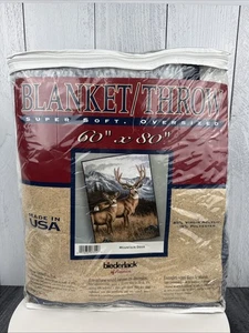 Vtg Biederlack 60 x 80 Oversized Blanket Throw Mountain Deer Scene Made In USA - Picture 1 of 9
