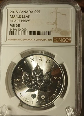 2015 1 Oz Sliver Canadian Maple Heart Privy Only 25,000 Minted Nearly Perfect - Image 1 of 4