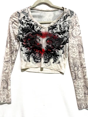 Y2K Cropped Tight Shirt Hardy Heart Biker Rocker sz S floral Grunge Long Sleeve - Image 1 of 4