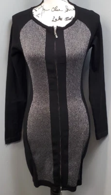 Venus Bodycon Dress Womens Small Black Silver Metallic Long Sleeve Full Zipper - Image 1 of 4