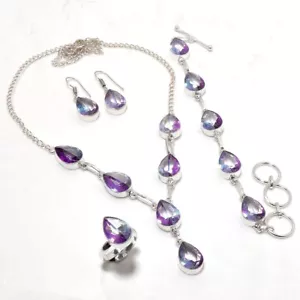 Purple Mystic Topaz Pear Shape Gemstone Handmade Jewelry Necklace Set ST 1016 - Picture 1 of 8