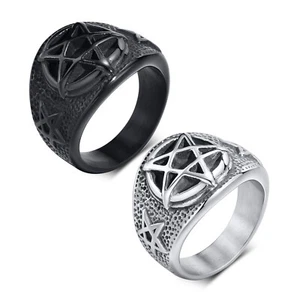 Men Stainless Steel Ring Pentagram Star Rock Punk Pentacle Signet Ring - Picture 1 of 14