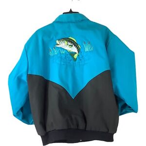 Bass Fishing Jacket Custom Embroidered Canvas Black Turquoise Work-Style Lined-L