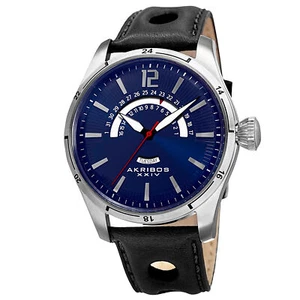 Men's Akribos XXIV AK850BU Blue Dial Retrograde Date Black Leather Strap Watch - Picture 1 of 4