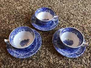 Spode Italian Blue C 1816 Set Of 3 Teacups And Saucers - Picture 1 of 12