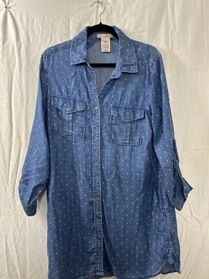 Philosophy Long-Sleeve Denim Shirt Dress Pockets Full Button White Polkadot Sz L - Image 1 of 4