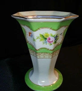 Vintage Blumenvase Nippon Morimura Noritake M grüne Blattmarke weiß floral gold 7" - Bild 1 von 12