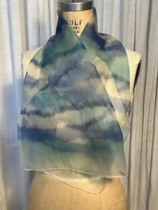 Vintage Japan Poly Chiffon Watercolor Striped Blue +White Scarf pre-owned - Picture 1 of 5