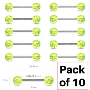Pack of 10 * 16mm Tongue Bars * Green Acrylic Glitter Balls * Nipple Piercings - Picture 1 of 4