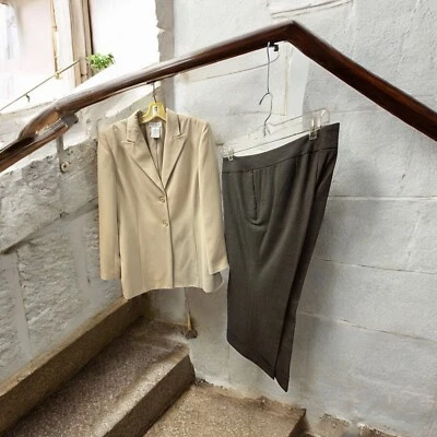 Worthington/Ann Tylor, mujer, conjunto de pantalones, chaqueta cuello pequeño defecto, beige, gris, talla 14.! Foto 1 de 4