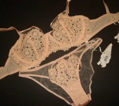 MIMI HOLLIDAY unlined 36D BRA SET L panty PUFFIN BEIGE PEACH FLORAL embroidered - Image 1 of 4