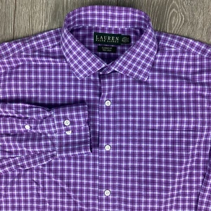 Camicia lunga uomo Lauren Ralph vestibilità classica 16,5 34/35 viola a quadri con bottoni - Foto 1 di 5