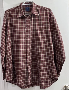 Faconnable Mens Button Down Shirt XXL Beige Brick Red Black Plaid Long Sleeve - Picture 1 of 6