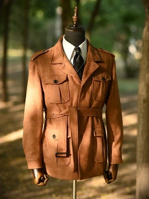 Chaqueta de safari retro de gamuza para hombre con múltiples bolsillos abrigo de caza con cinturón ropa exterior informal Foto 1 de 4