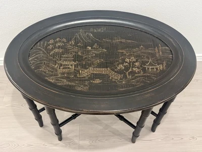 Ethan Allen Chinoiserie Faux Bamboo Decorative Tray Top Coffee Table - Image 1 of 4