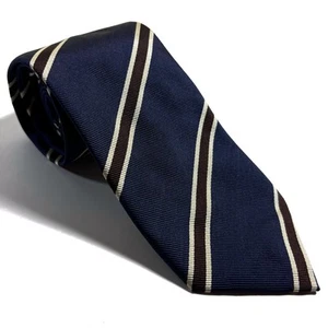 Corbata de seda a rayas azul marino y marrón (hecha a mano en Inglaterra) - Imagen 1 de 4