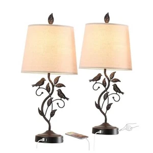 Set of 2 Touch Living Room Table Lamps with 2 USB Ports, Vintage Nightstand - Picture 1 of 7