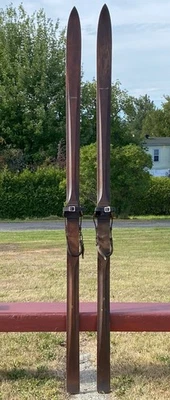BEAUTIFUL Antique ORIGINAL WOODEN SKIS  85" Long Snow COUNTRY DECOR - Image 1 of 3