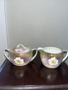 1930s German Handpainted Floral Bavarian Covered Sugar Bowl/Creamer - Picture 1 of 14