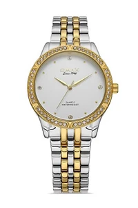 OMAX WATCH SEIKO MVMT GOLD PLTD BLK DIAL 2 TONE BAND S. STEEL QUARTZ WATER RESNT - Picture 1 of 6