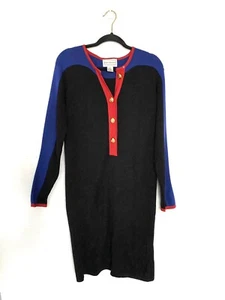 Vestido Suéter Vaina Vintage Mezcla Lana Negro Azul Bloques de Color Karin Stevens M - Imagen 1 de 7