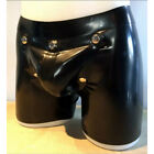Black Men Latex Shorts with Codpiece Crotch Hole Back Zipper Rubber Short Pants