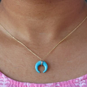 Massive 14k Gelbgold Arizona Türkis & natürlicher Diamant Halbmond Halskette 16" - Bild 1 von 14