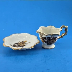 Miniatur Teetasse und Untertasse Gelb Rose Gold Akzent 2" Enesco Japan - Bild 1 von 10