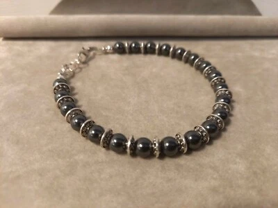 BRACCIALE UOMO PIETRE DURE VERE EMATITE 6 MM ACCIAIO COLOR ARGENTO FATTO A MANO - Immagine 1 di 4