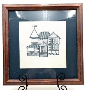 Arte de pared bordado de obra negra casa de campo con marco de aguja vintage - Imagen 1 de 8