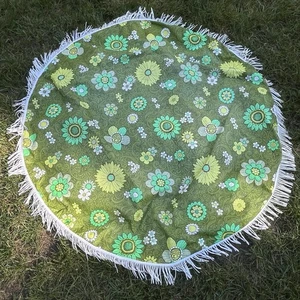 "Mantel Vintage Retro Años 70 Vinilo Flecos Mod Floral Verde Redondo 48"" MCM - Imagen 1 de 8