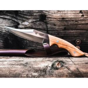 CUDEMAN - CLIP POINT 16CM SATIN FINISH BLADE SATIN OLIVE WOOD HANDLE / LEATHER - Picture 1 of 3