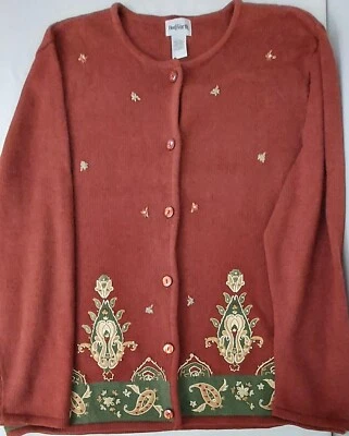 Cárdigan Bon Worth Mujer Naranja Quemado Bordado Óxido Floral Manga Larga Talla XL Foto 1 de 4