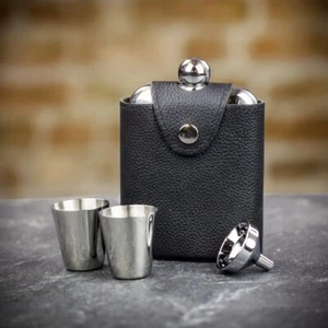 HIP FLASK  BLACK  CUSHION LEATHER  WITH 2 CUPS R3129 - Picture 1 of 2