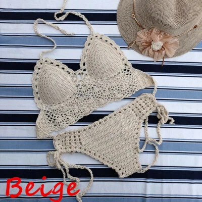 Sujetador de ganchillo hecho a mano Traje de baño Playa Push-up Bikini Conjunto Halter Cami Camiseta sin mangas Camiseta corta Foto 1 de 4