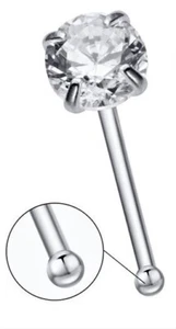 TWO (2) S925 Sterling Silver 1.8mm Round CZ Nose Bone Ball End Nose Ring 20G - Picture 1 of 1