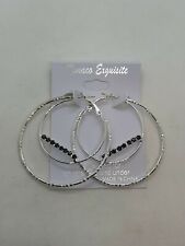New Large Double Hoop Earrings With Black Rhinestones Crystals Silver Tone 