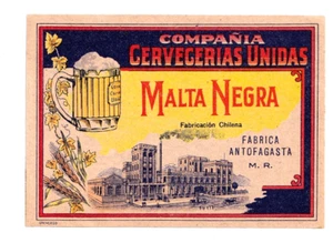 1929 COMPANIA CERVECERIAS UNIDAS, LIMACHE, CHILE MALTA NEGRA BEER LABEL - Picture 1 of 1