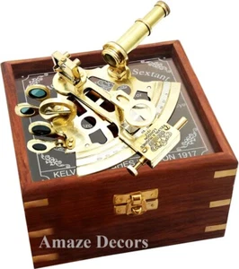 Kelvin & Hughes London Nautical Maritime Brass Ship Sextant With Glass Wood Box - Picture 1 of 5