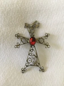 Colgante Cruz Khachkar Filigrana Plata Armenia De Colección Con Piedra Cabujón Rojo - Imagen 1 de 12