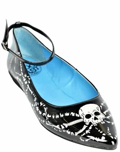 Too Fast 'Flipper' Ankle Strap Black Skull print Ballet Flats - Bild 1 von 4
