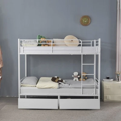 3FT Metal Single Bunk Beds Siblings Twins Bedroom Furniture White w/Two Drawers - Image 1 of 4