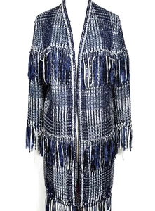 St.John Couture asymmetrical jacket blue white silver knit fringe NWOT size M - Picture 1 of 4