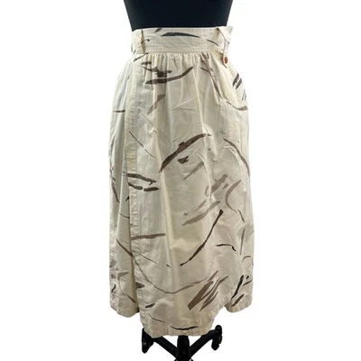 VINTAGE Laurel Escada Cream Brown Print Cotton Faux Wrap Knee Length Skirt 38 - Image 1 of 4