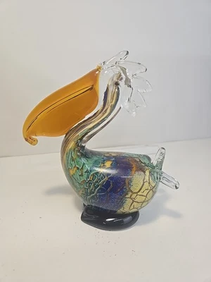 Estatuilla de pelícano de vidrio artístico estilo Murano de colección azul, cobre verde 7 pulgadas Foto 1 de 4