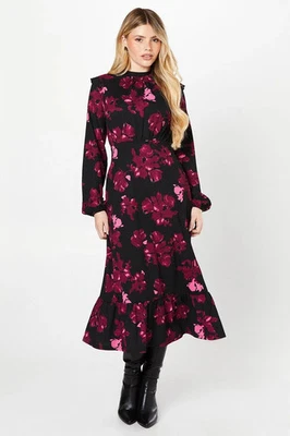 Dorothy Perkins Womens Midi Dress Floral Floral Ruffle Hem Long Sleeve - Image 1 of 4