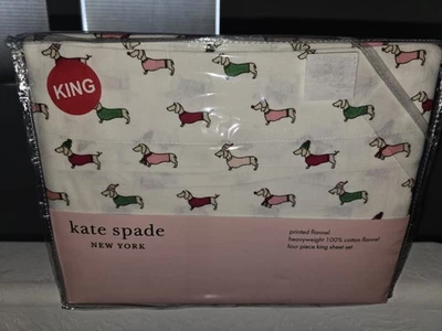 Kate Spade Christmas Dachshund Doxie Printed Flannel Bed Sheet Set KING Size NIP - Image 1 of 4